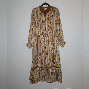 Sweet Salt Modest 70s Peasant Style Leaf Print Brown Boho Maxi Dress 18 XL